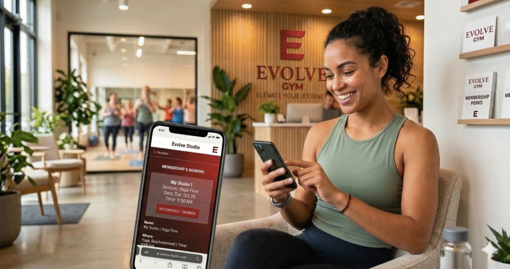 Une femme utilise l'application de réservation en ligne Evolve Gym dans le hall d'une salle de sport moderne, avec le logo rouge d'Evolve en arrière-plan.